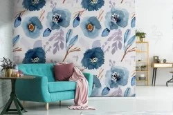 Carta da Parati fiori azzurri natura pattern vintage.