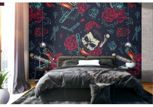 Wallpaper skulls and roses modern tattoo design.