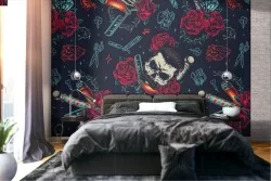 Carta da Parati teschi e rose tattoo design moderno.