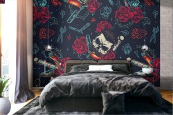 Wallpaper skulls and roses modern tattoo design.