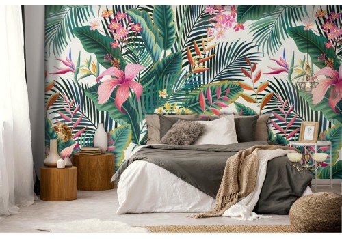 Vintage nature wallpaper with tropical flowers and leaves.