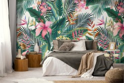 Vintage nature wallpaper with tropical flowers and leaves.