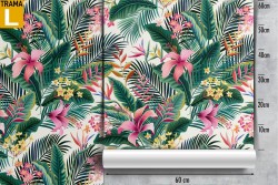 Vintage nature wallpaper with tropical flowers and leaves.