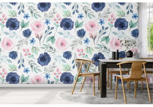 Vintage nature wallpaper with pink and blue flowers.