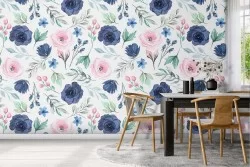 Vintage nature wallpaper with pink and blue flowers.