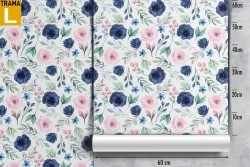 Vintage nature wallpaper with pink and blue flowers.