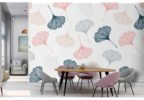 Carta da Parati foglie stilizzate rosa e blu.