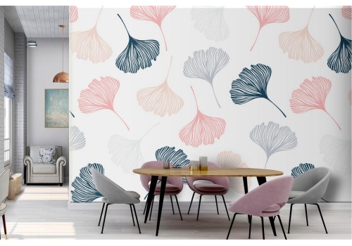 Wallpaper with stylized pink and blue leaves.