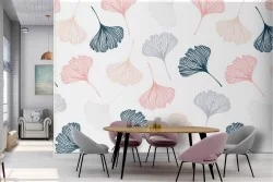 Wallpaper with stylized pink and blue leaves.