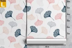 Wallpaper with stylized pink and blue leaves.