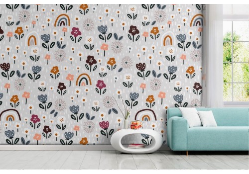 Wallpaper flowers and rainbows children's design.