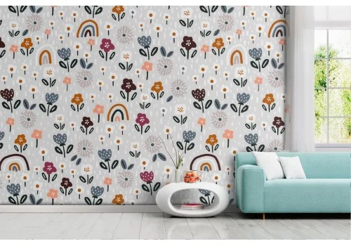 Wallpaper flowers and rainbows children's design.