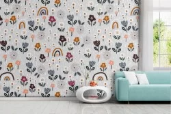 Carta da Parati fiori e arcobaleni design bambini.