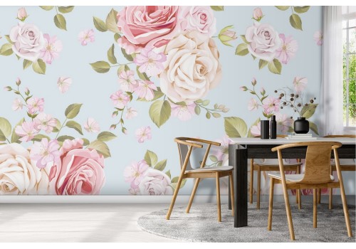 Vintage nature wallpaper with white and pink flowers.