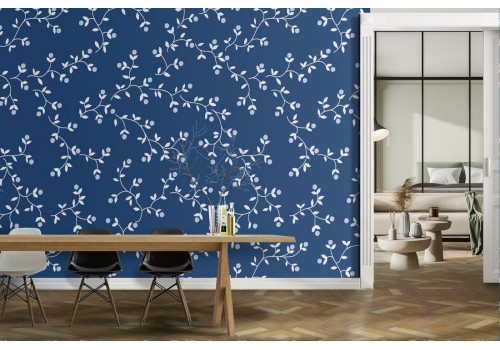 Carta da Parati foglie stilizzate pattern bianco e blu.