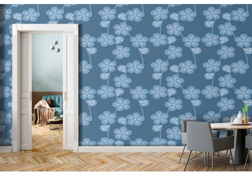 Carta da Parati fiori stilizzati blu natura.