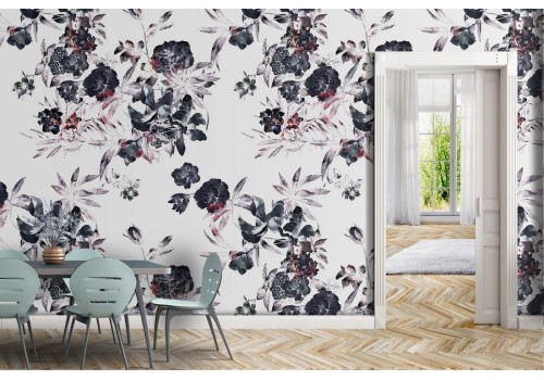 Black flowers modern nature pattern wallpaper.