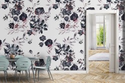 Black flowers modern nature pattern wallpaper.