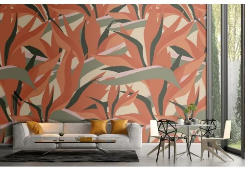 Wallpaper with stylized leaves vintage nature design.