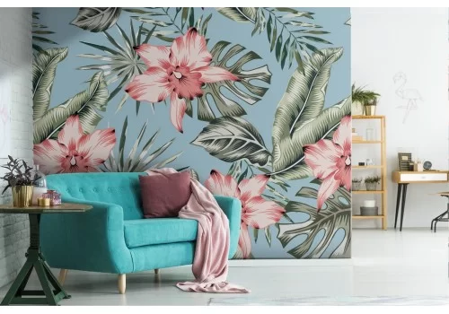 Carta da Parati fiori e foglie tropicali rosa natura vintage.