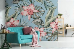 Carta da Parati fiori e foglie tropicali rosa natura vintage.