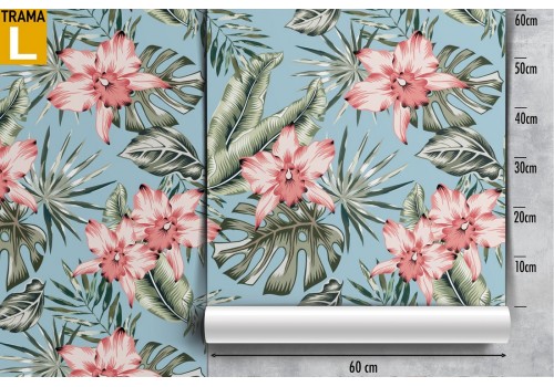 Vintage nature wallpaper with pink tropical flowers and leaves. 2