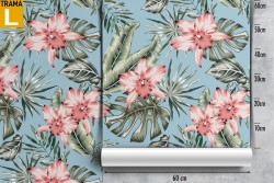 Carta da Parati fiori e foglie tropicali rosa natura vintage.