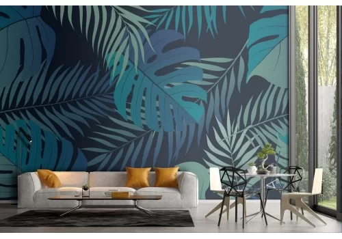 Carta da Parati foglie tropicali natura blu pattern.