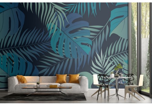 Tropical leaves nature blue pattern wallpaper.