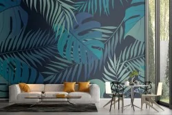 Tropical leaves nature blue pattern wallpaper.