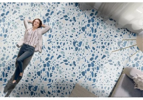 Wallpaper with white and blue marble surface pattern.