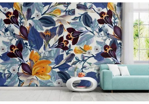 Wallpaper blue leaves and orange flowers nature.