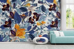 Carta da Parati foglie azzurro e fiori arancione natura.