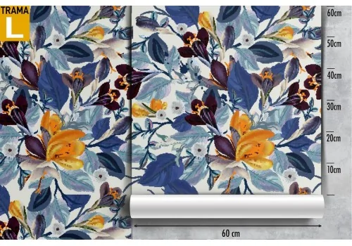 Carta da Parati foglie azzurro e fiori arancione natura. 2