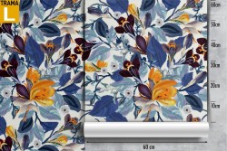 Carta da Parati foglie azzurro e fiori arancione natura.