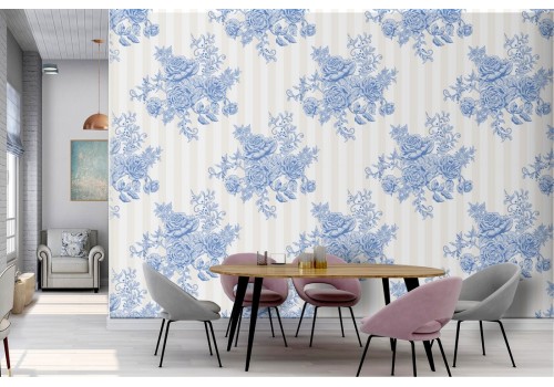 Vintage nature wallpaper with roses and flowers in light blue.
