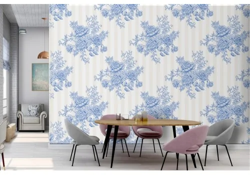 Vintage blue nature wallpaper with roses and flowers.