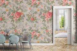 Antique pink flowers wallpaper, vintage nature roses.