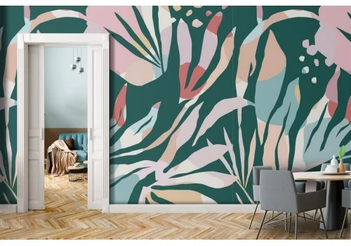 Carta da Parati fiori e foglie stilizzate moderna.