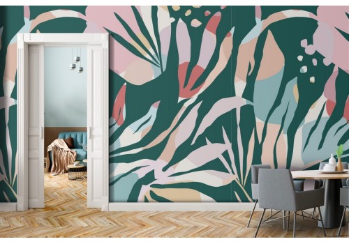 Modern wallpaper with stylized flowers and leaves.