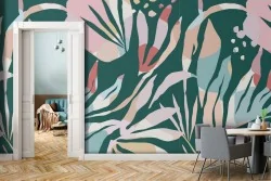 Modern wallpaper with stylized flowers and leaves.