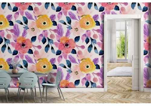 Carta da Parati fiori rosa e gialli pattern natura.