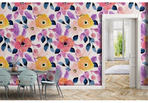 Pink and yellow flowers wallpaper nature pattern.