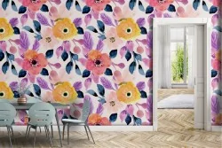 Pink and yellow flowers wallpaper nature pattern.