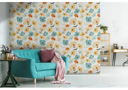 Carta da Parati fiori stilizzati moderni natura gialli e azzurro.