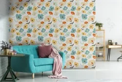 Carta da Parati fiori stilizzati moderni natura gialli e azzurro.