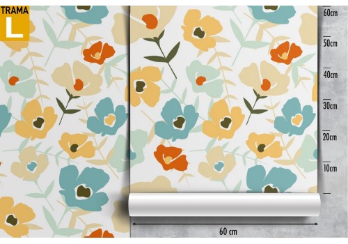 Carta da Parati fiori stilizzati moderni natura gialli e azzurro. 2