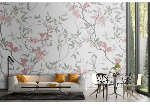 Wallpaper with pink nature pattern of flowering branches.