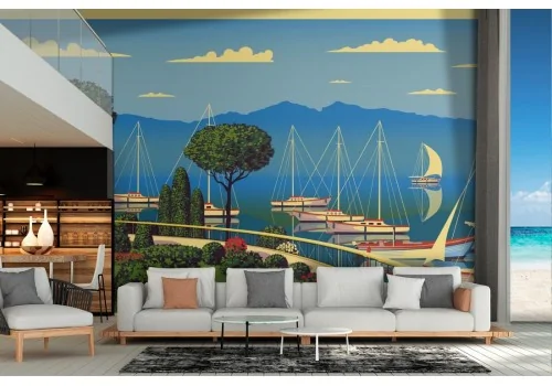 Wallpaper painted garden flowers with boats