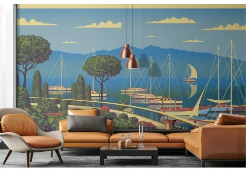 Wallpaper painted garden flowers with boats 2